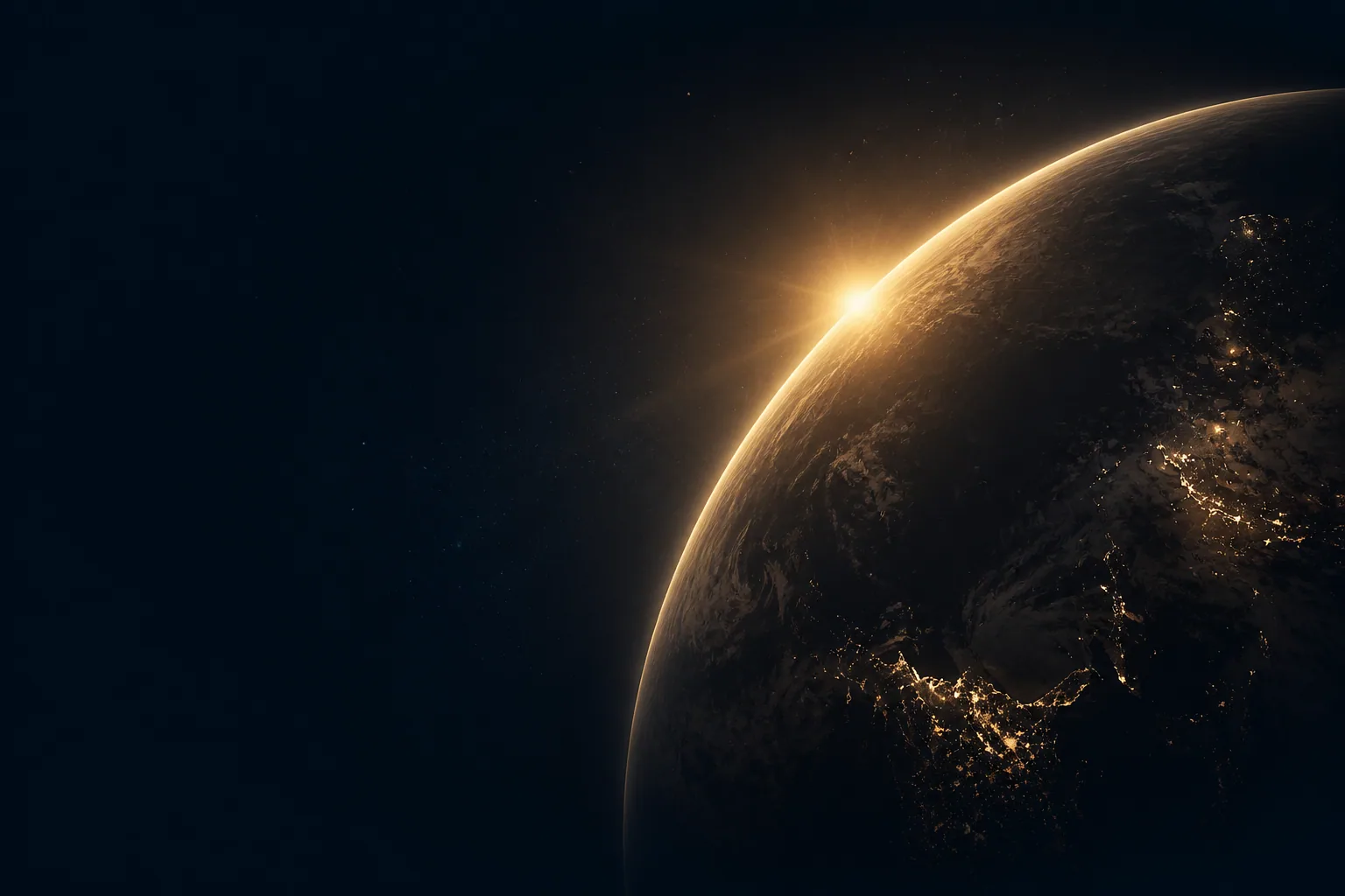 Abstract golden sunrise over a planet.